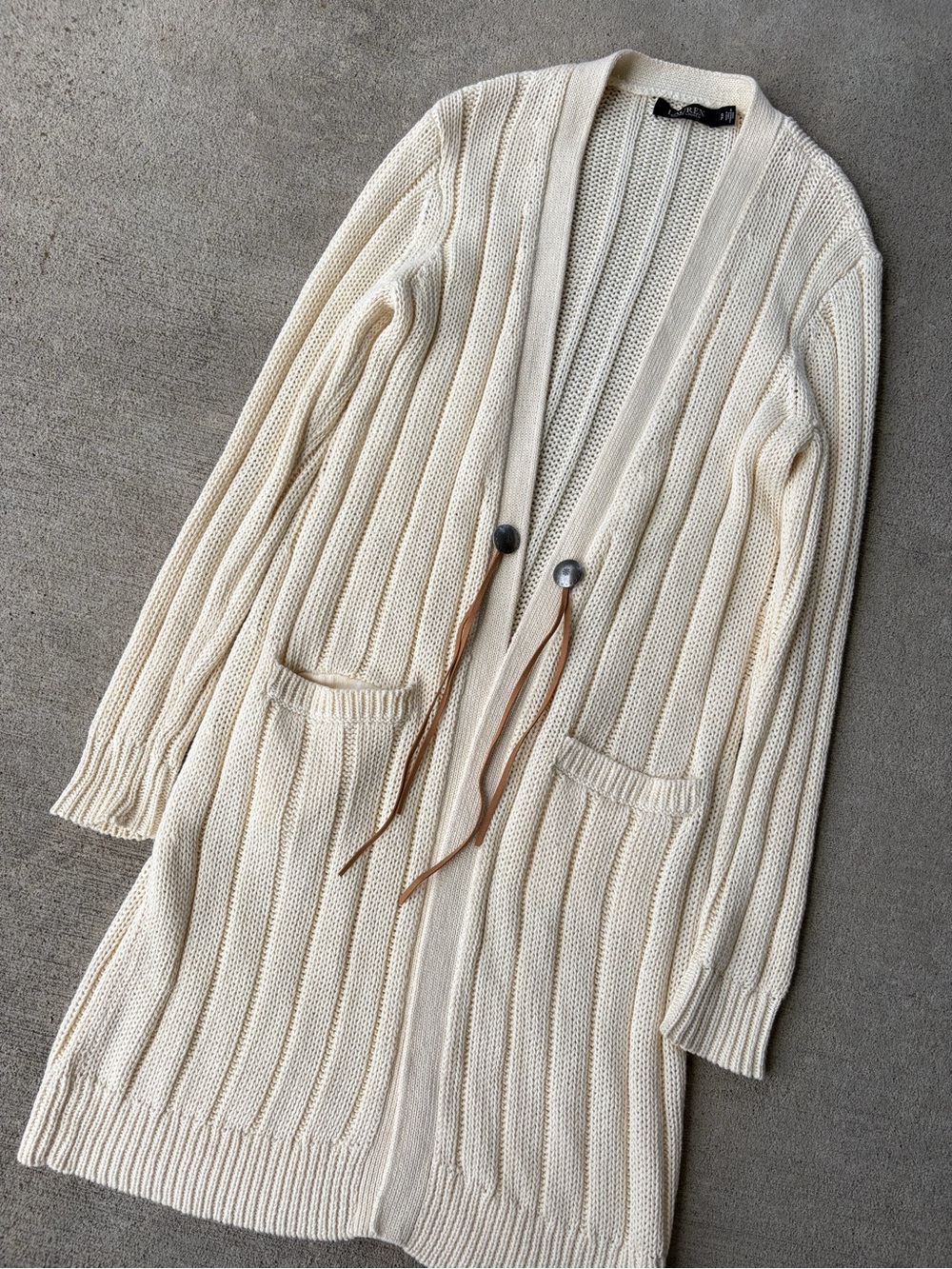 Lauren Ralph Lauren cotton linen blend rib knit longline cardigan sweater toggle - Picture 3 of 7
